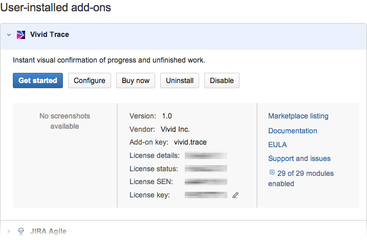 Figure: Managing the Vivid Trace add-on in JIRA