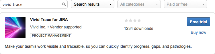 Figure: Atlassian Marketplace search results for the search term "vivid trace"