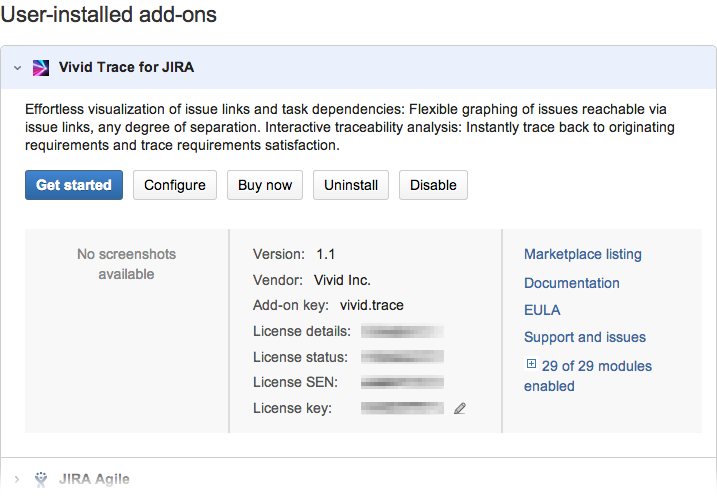 Figure: Managing the Vivid Trace add-on in JIRA