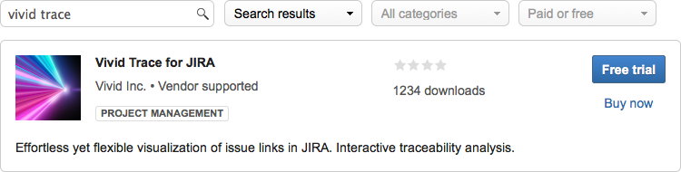 Figure: Atlassian Marketplace search results for the search term "vivid trace"