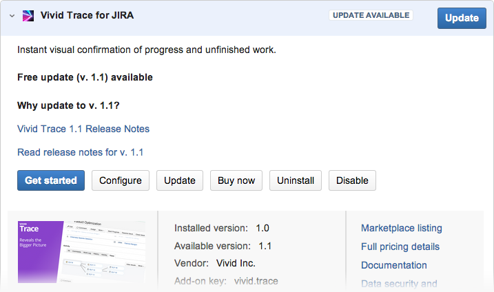 Figure: Managing the Vivid Trace add-on in JIRA