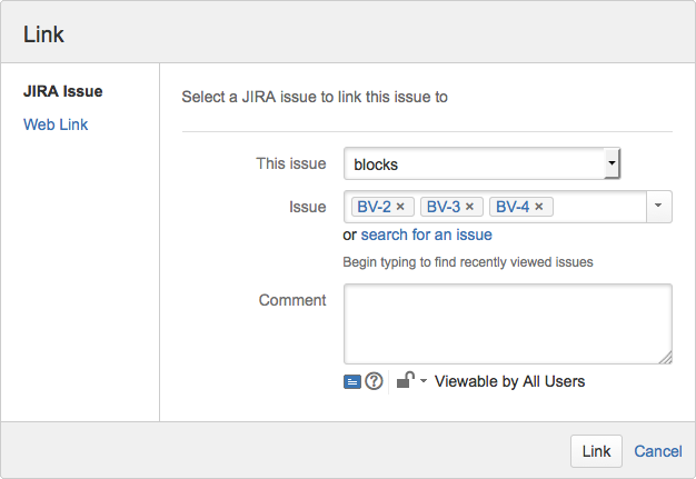 Figure: Linking to several issues from within the Link dialog