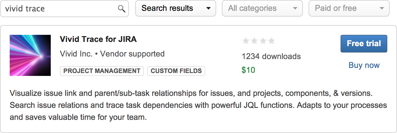 Figure: Atlassian Marketplace search results for the search term "vivid trace"