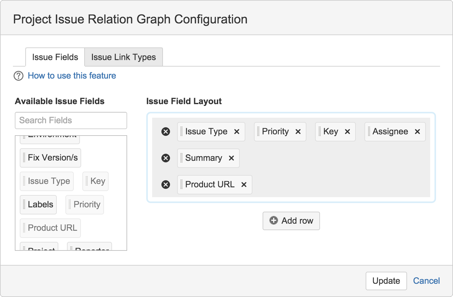Figure: Project Issue Relation Graph Configuration dialog open to Issue Fields tab