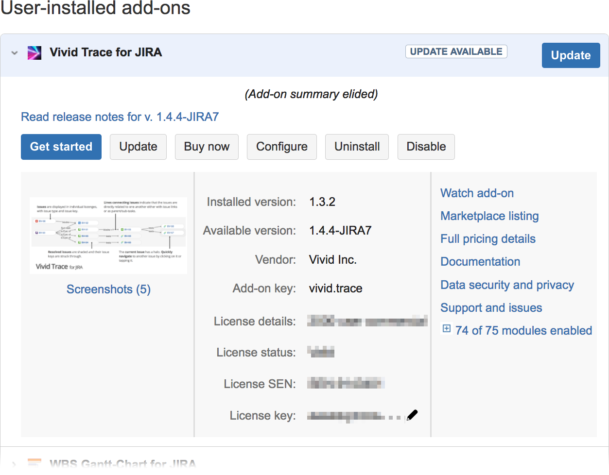 Figure: Managing the Vivid Trace add-on in Jira