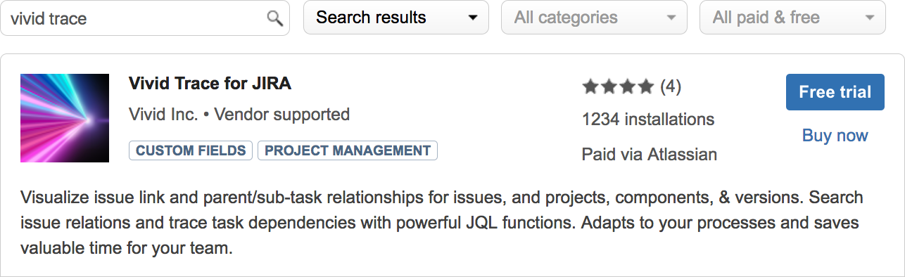 Figure: Atlassian Marketplace search results for the search term "vivid trace"