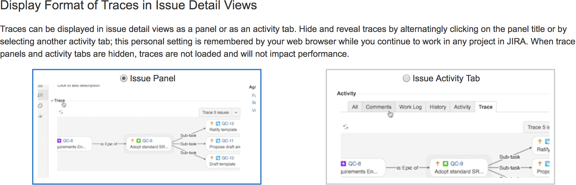 Figure: Display format options for issue-context traces.