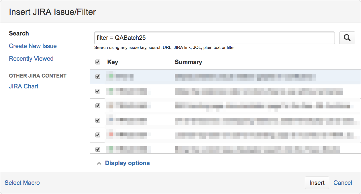 Figure: Embedding trace results as a list of Jira issues into a Confluence page with the Jira Issues macro