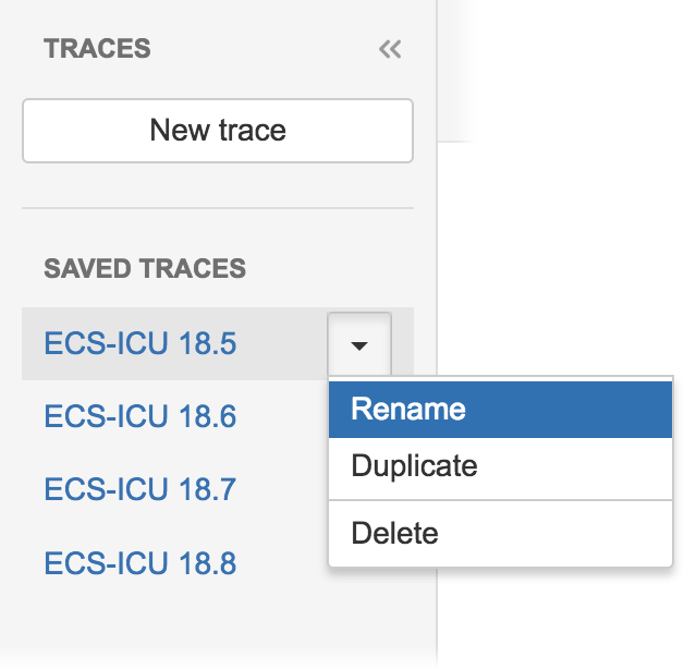 Figure: The Saved Traces component in the Trace Studio, providing instant recall of saved trace configurations applied to current Jira data.