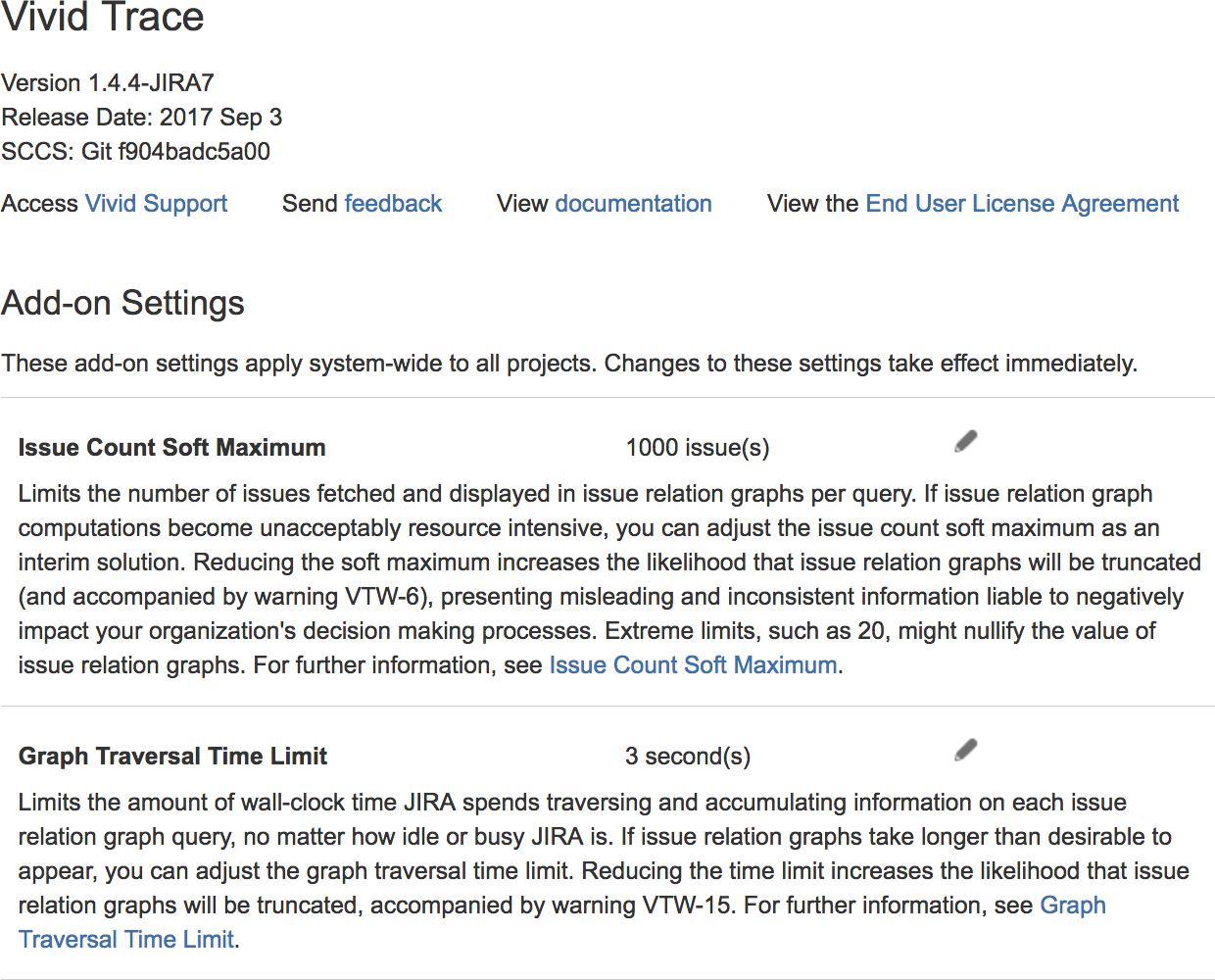 Figure: Vivid Trace Configuration page in Jira administration.