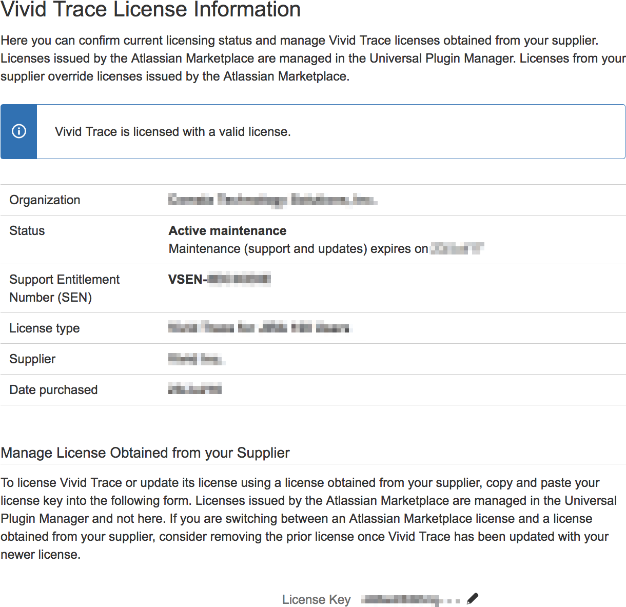 Figure: Vivid Trace License Information page in Jira administration.