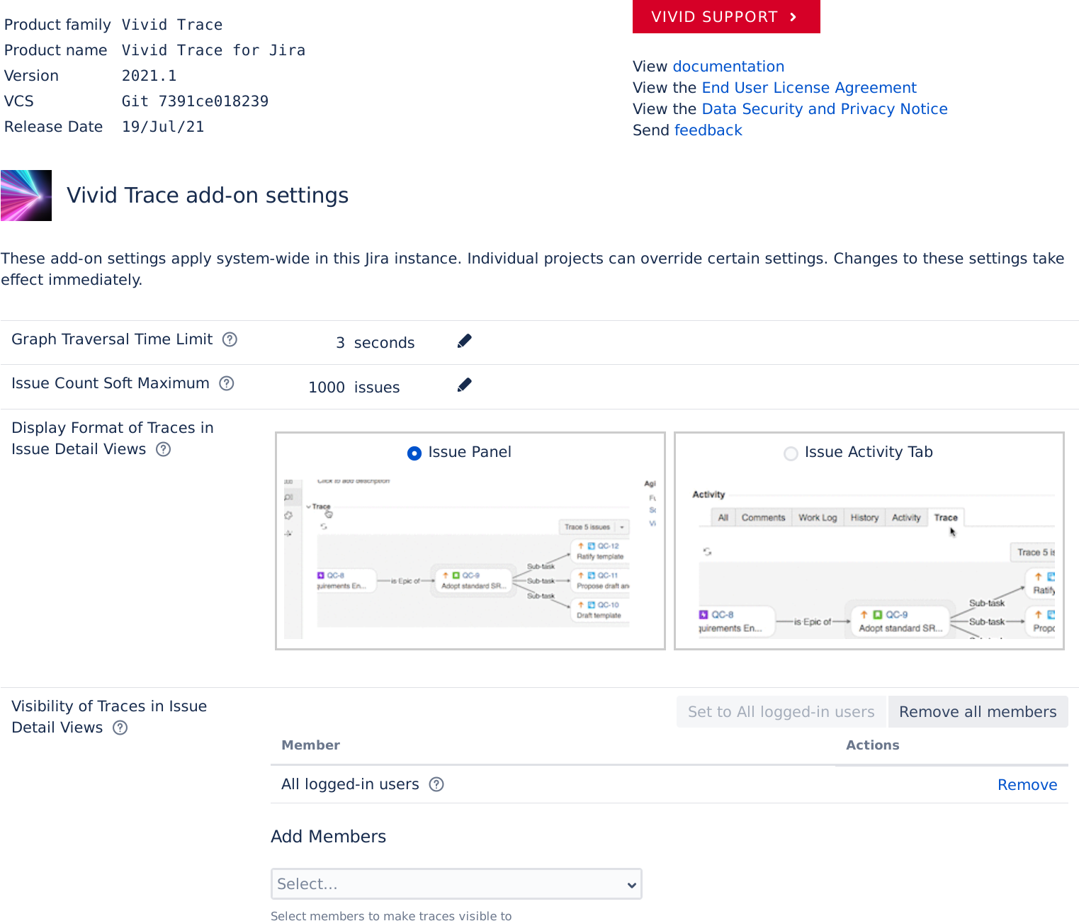 Figure: Vivid Trace Configuration page in Jira administration.