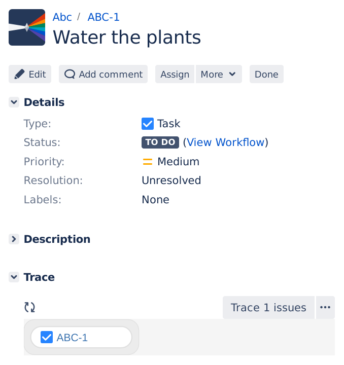 Figure: Linking issues together, step 1: Start with one of the Jira issues you'd like to link with.