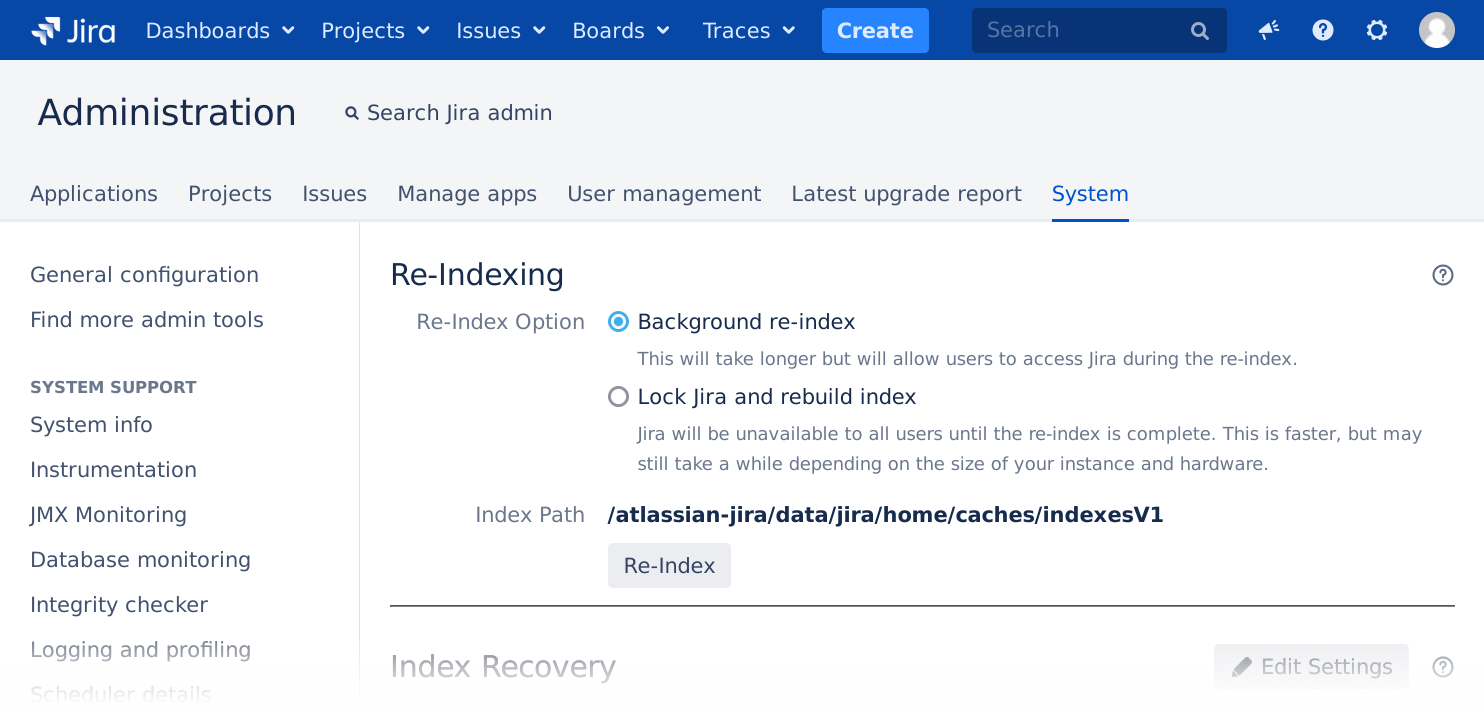 Figure: Performing an online re-index of Jira to bring Vivid Trace to readiness