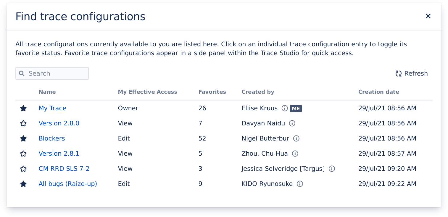 Figure: The Find trace configurations component in the Trace Studio, where you can favorite and unfavorite trace configurations created by or shared with you.