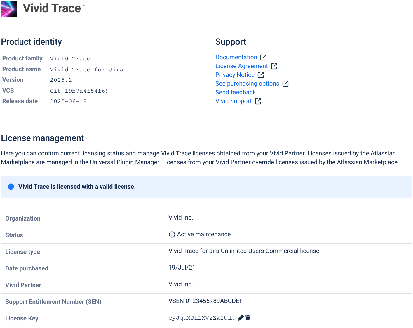 Figure: Vivid Trace license and support page in Jira administration.