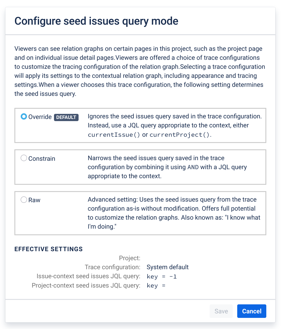 Figure: Vivid Trace System-Level Settings page in Jira administration showing Seed Issues Query Mode configuration for the system-level Contextual Trace Quick Lists.