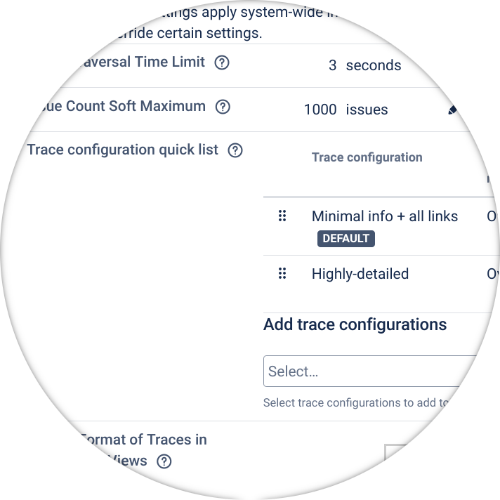 Figure: Vivid Trace System-Level Settings page in Jira administration showing Quick List entries.