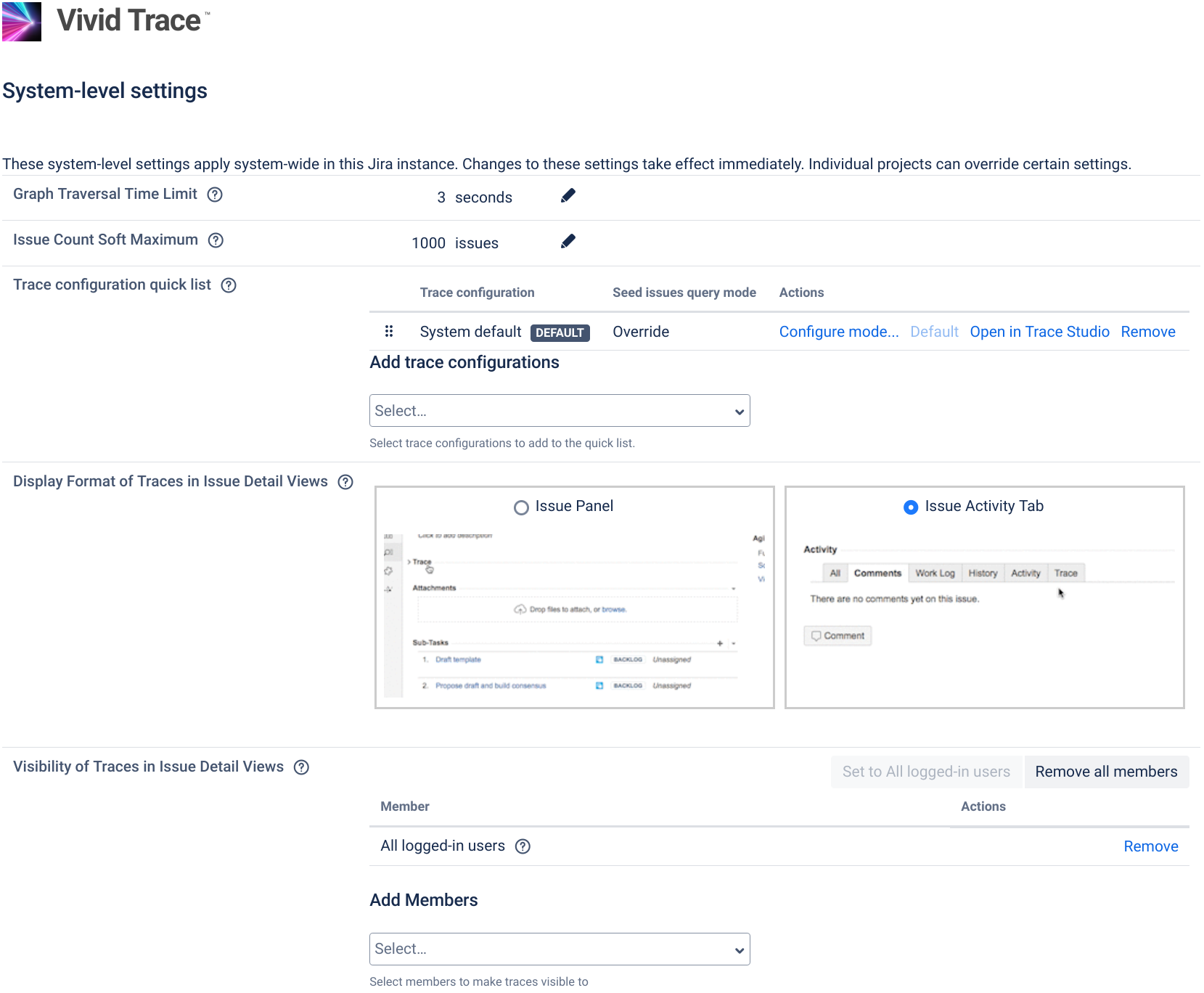 Figure: Vivid Trace Configuration page in Jira administration.