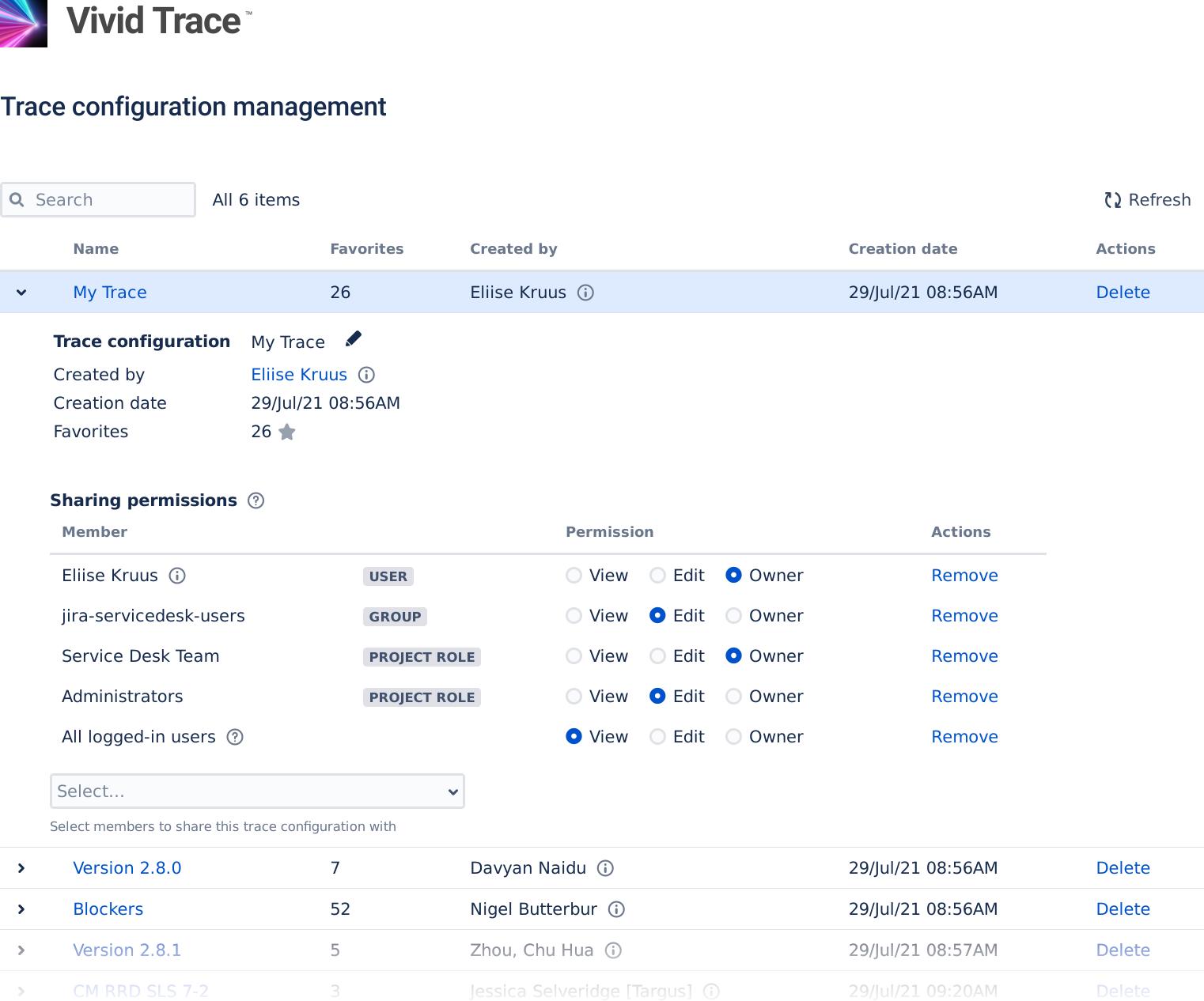 Figure: Vivid Trace Configuration page in Jira administration.