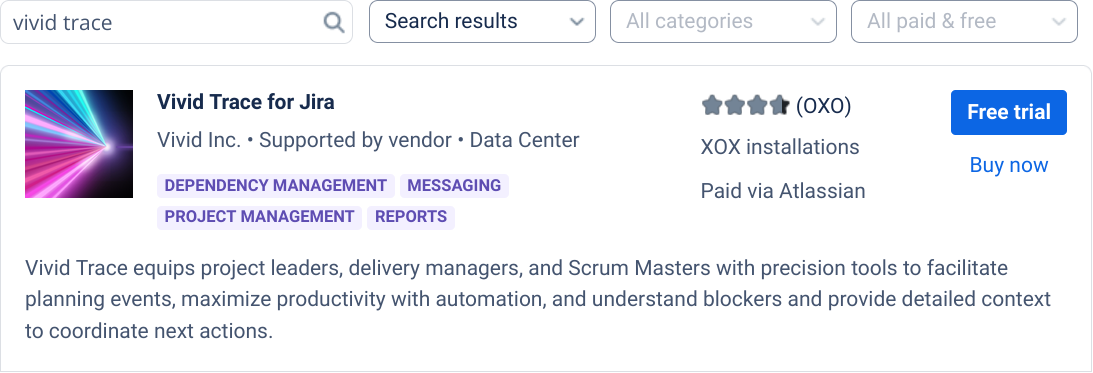 Figure: Atlassian Marketplace search results for the search term "vivid trace"