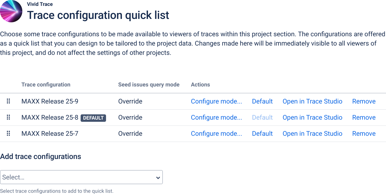 Figure: Trace configuration quick list settings page in Project settings.