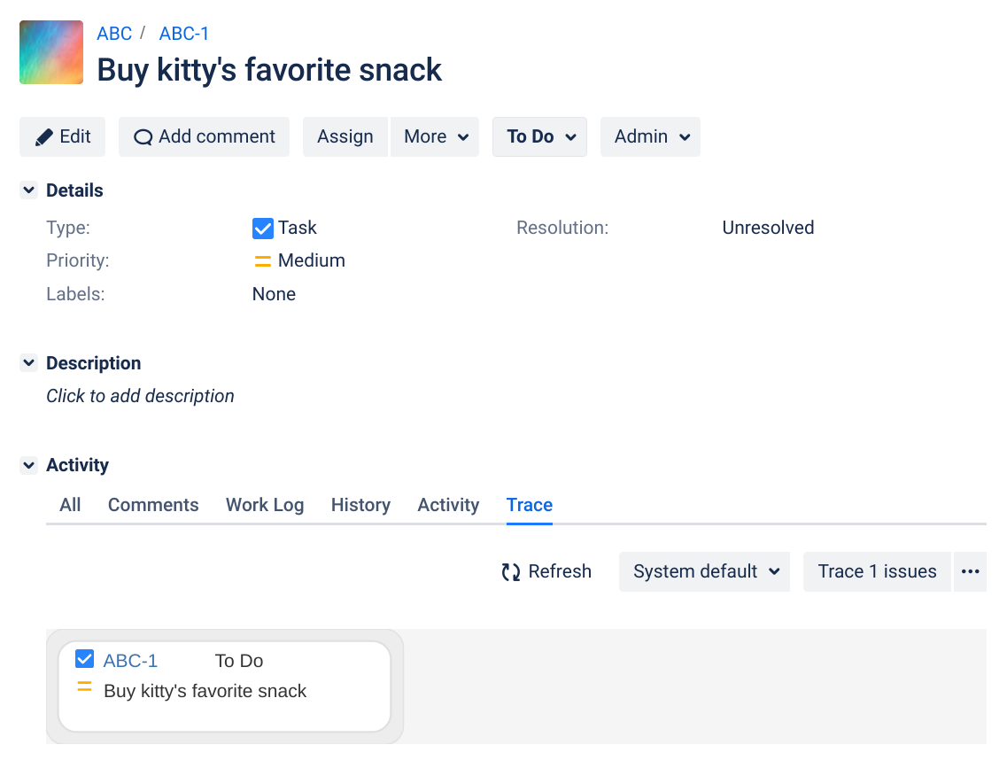 Figure: Linking issues together, step 1: Start with one of the Jira issues you'd like to link with.