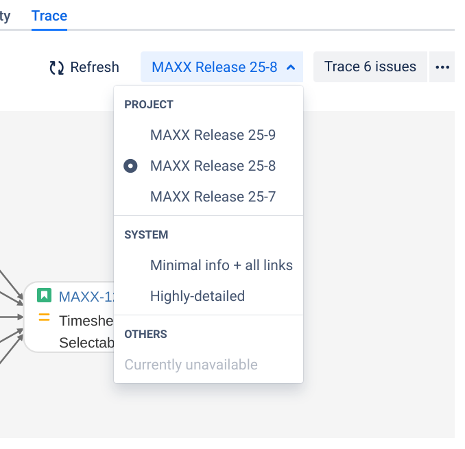 Contextual trace quick list in Vivid Trace version 2025.1