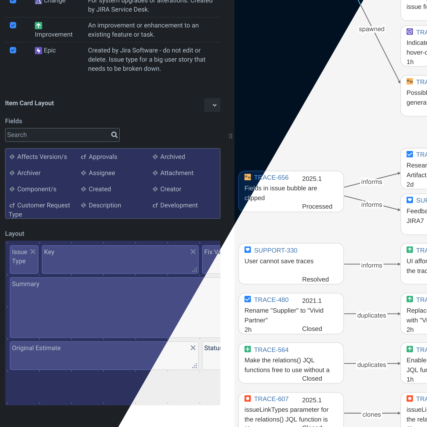 Montage of Vivid Trace for Jira running in both light and dark modes