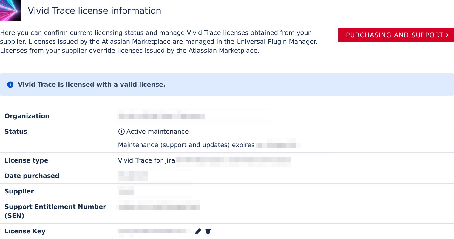 Figure: Vivid Trace License Information page in Jira administration.