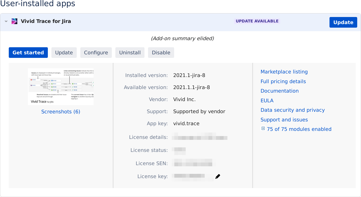 Figure: Managing the Vivid Trace add-on in Jira