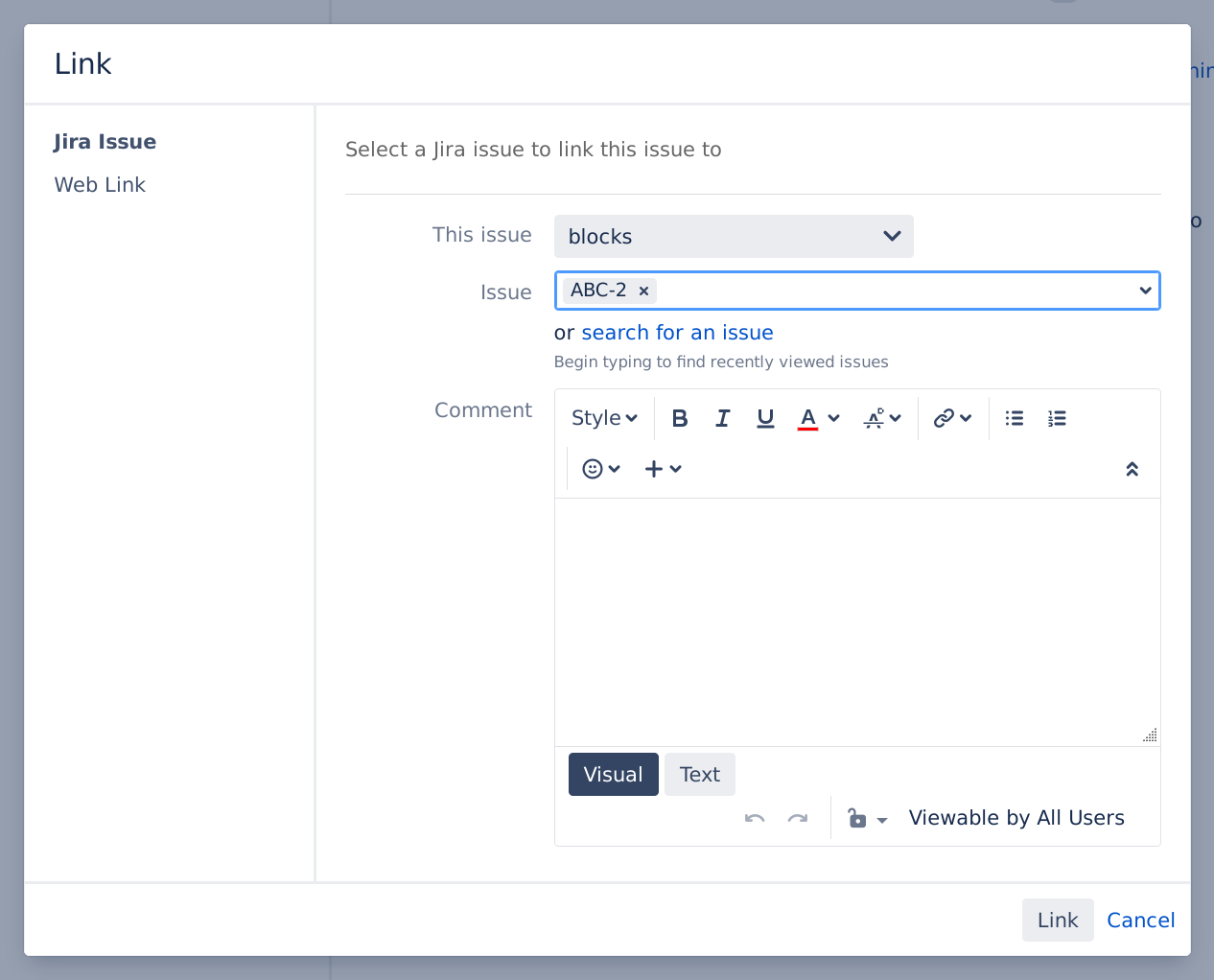 Figure: Linking issues together, step 2: Establishing an issue link between two Jira issues.