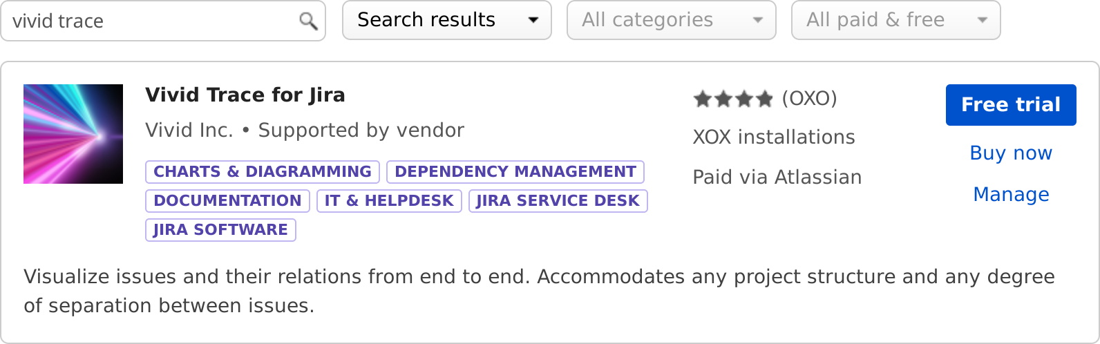 Figure: Atlassian Marketplace search results for the search term "vivid trace"