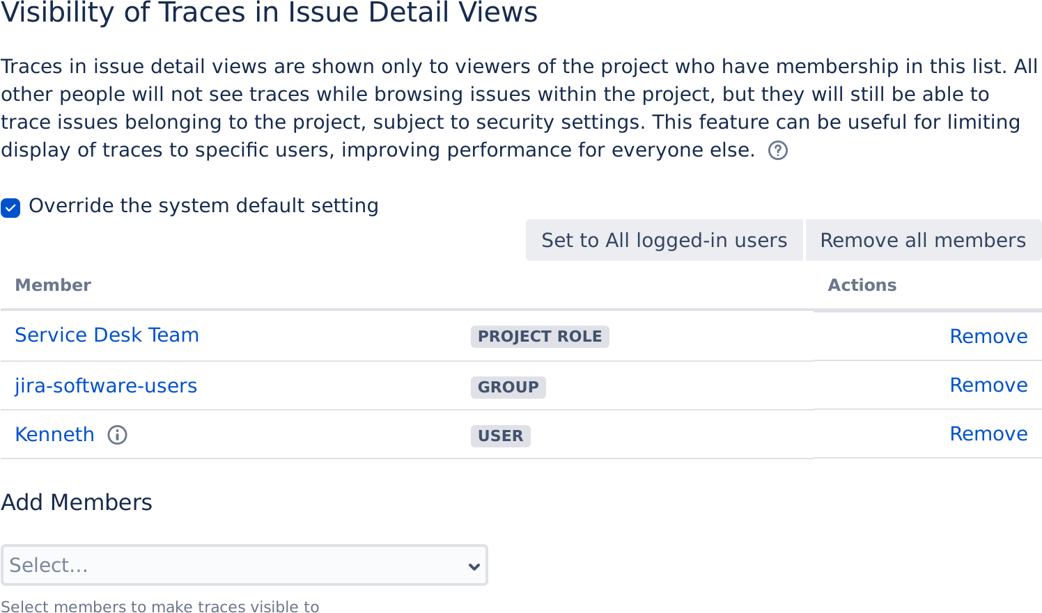 Figure: Settings for visibility of contextual traces by project role, group, and users.