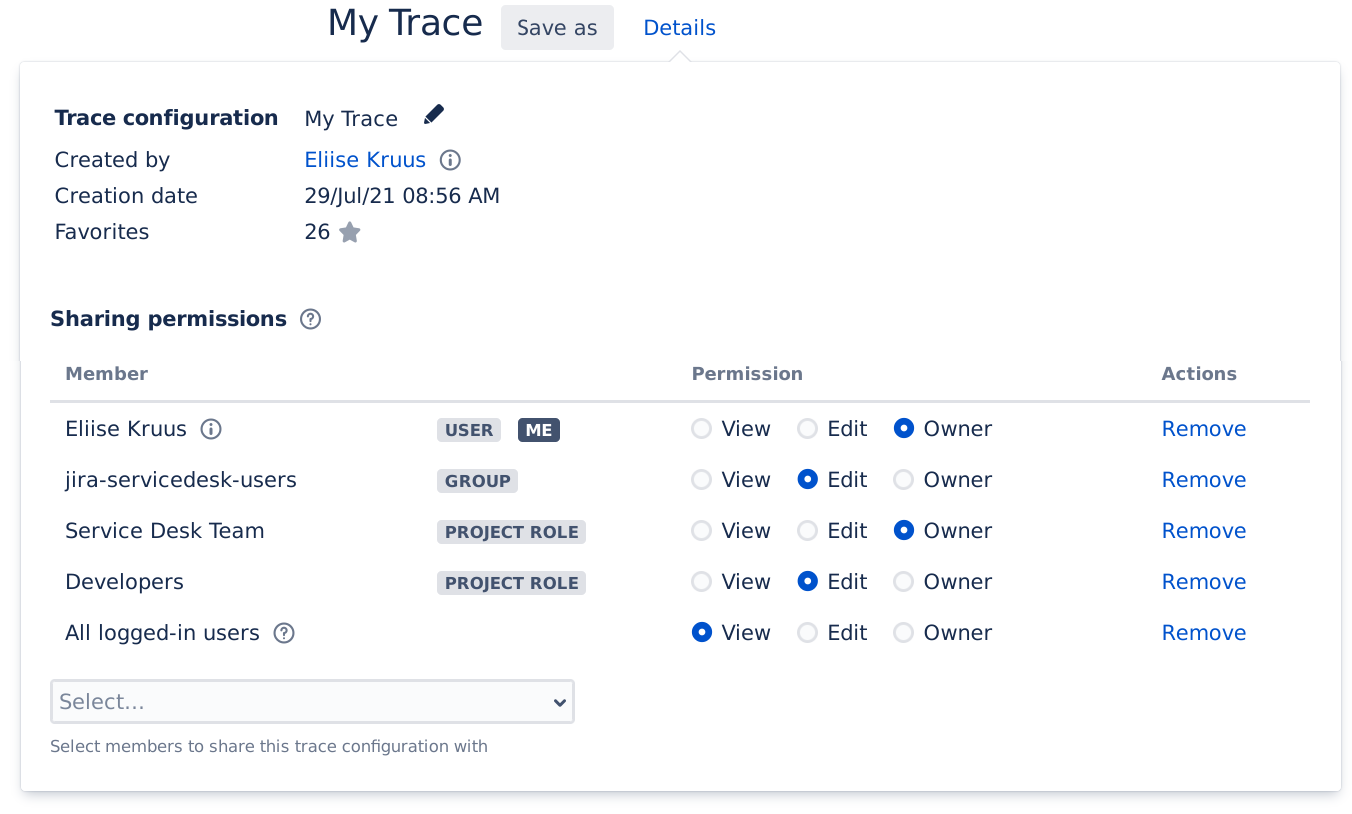 Figure: The Current Trace component in the Trace Studio indicates the currently active trace and its status, and provides the means to save it.