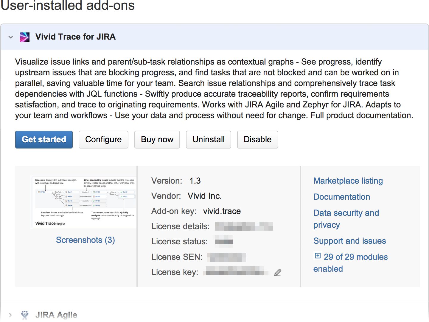 Figure: Managing the Vivid Trace add-on in JIRA