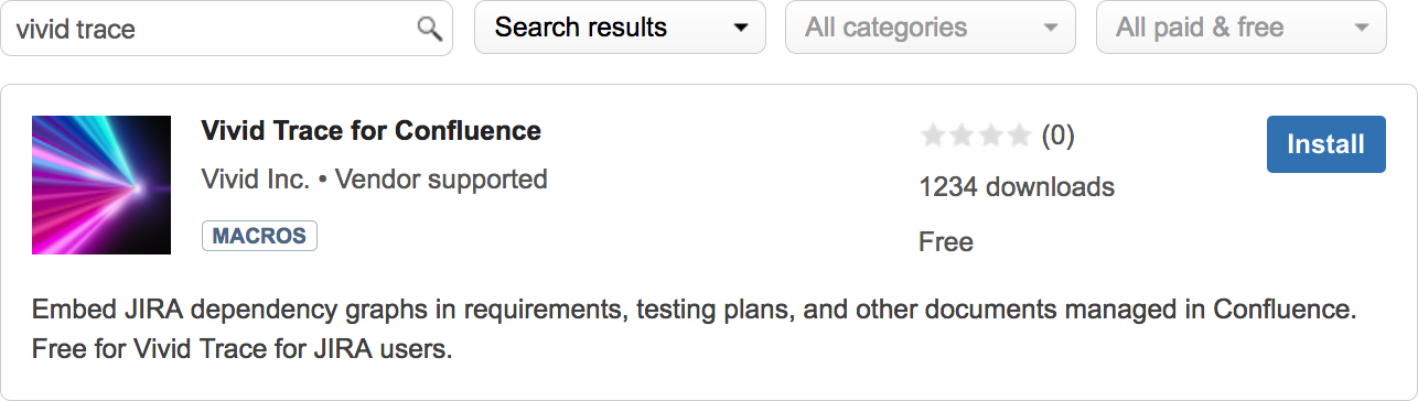 Figure: Atlassian Marketplace search results for the search term "vivid trace"