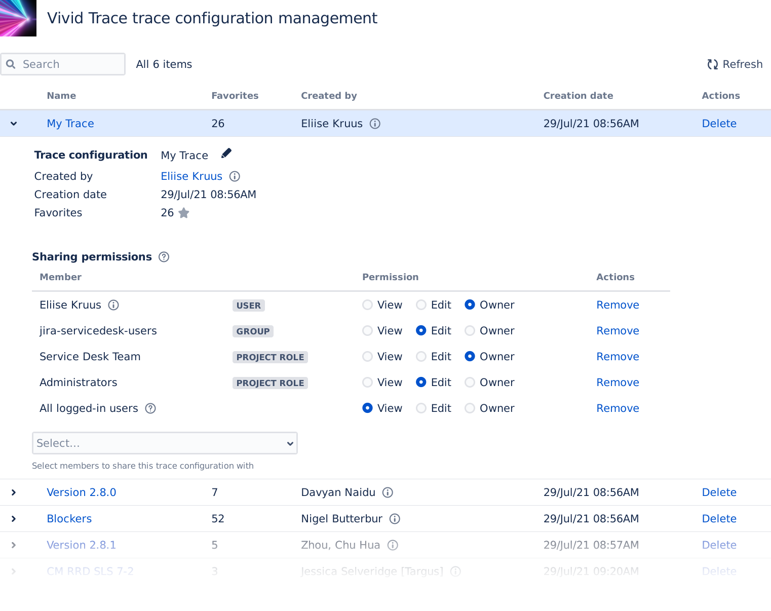 Figure: Vivid Trace Configuration page in Jira administration.