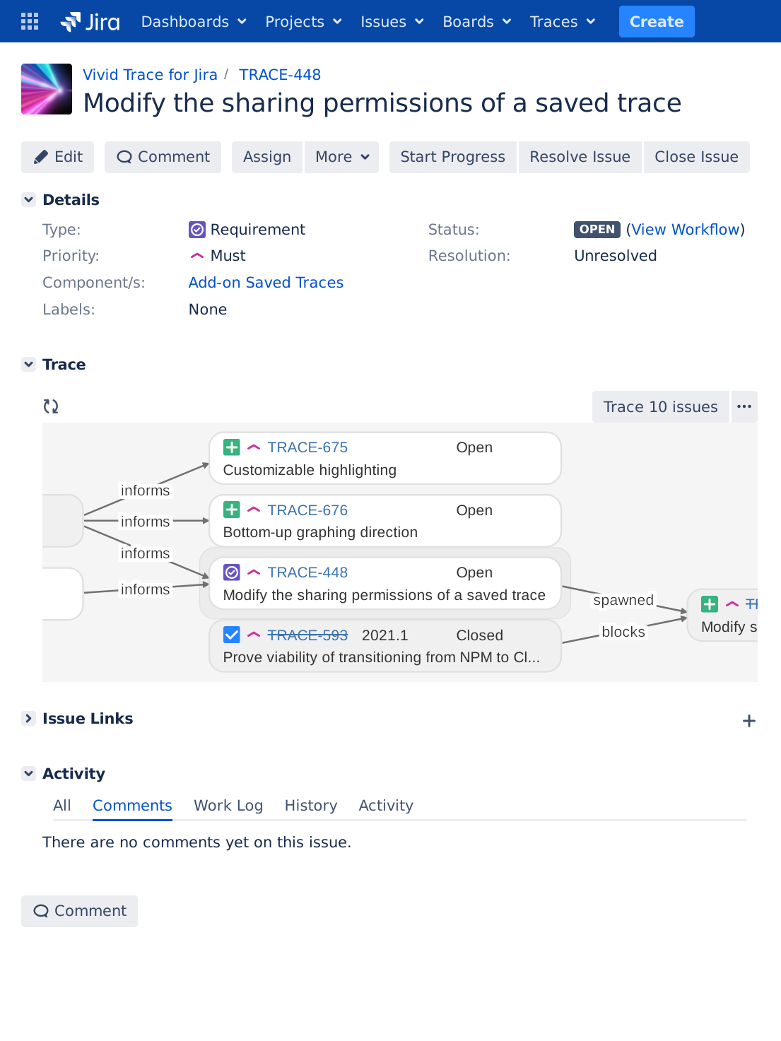 Screenshot of an issue details page in Atlassian Jira featuring a trace of the issue itself generated by Vivid Trace.