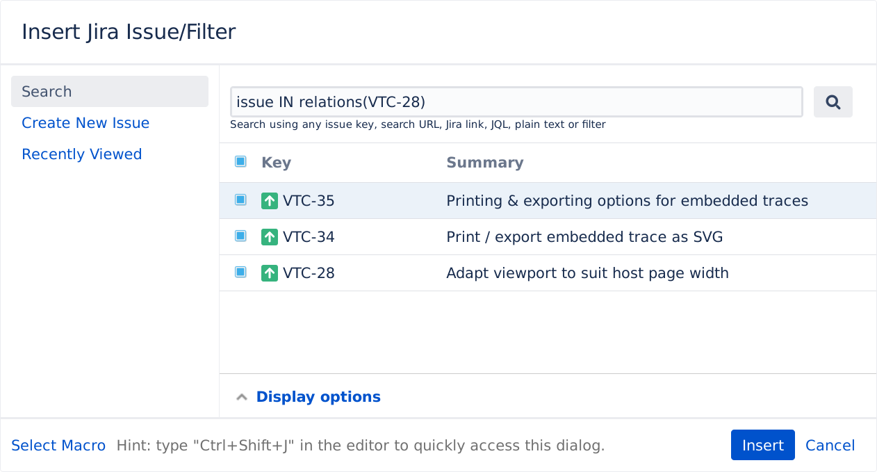 Screenshot of a Vivid Trace JQL function used in a JQL results macro being inserted into a Confluence document.